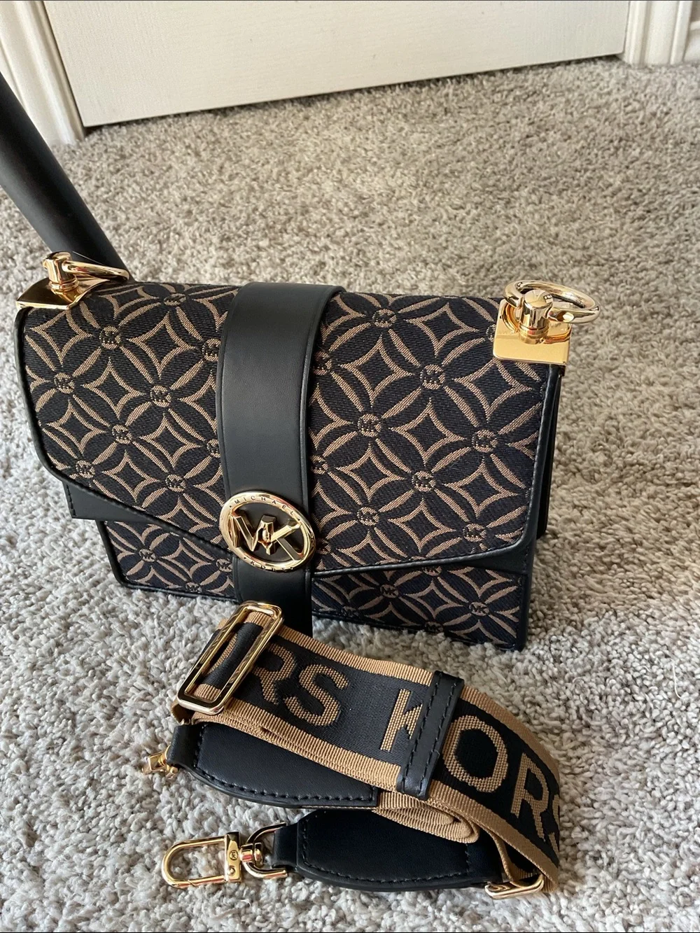 Michael Kors Black & Brown Logo Crossbody with Gold Accent Greenwich Small.